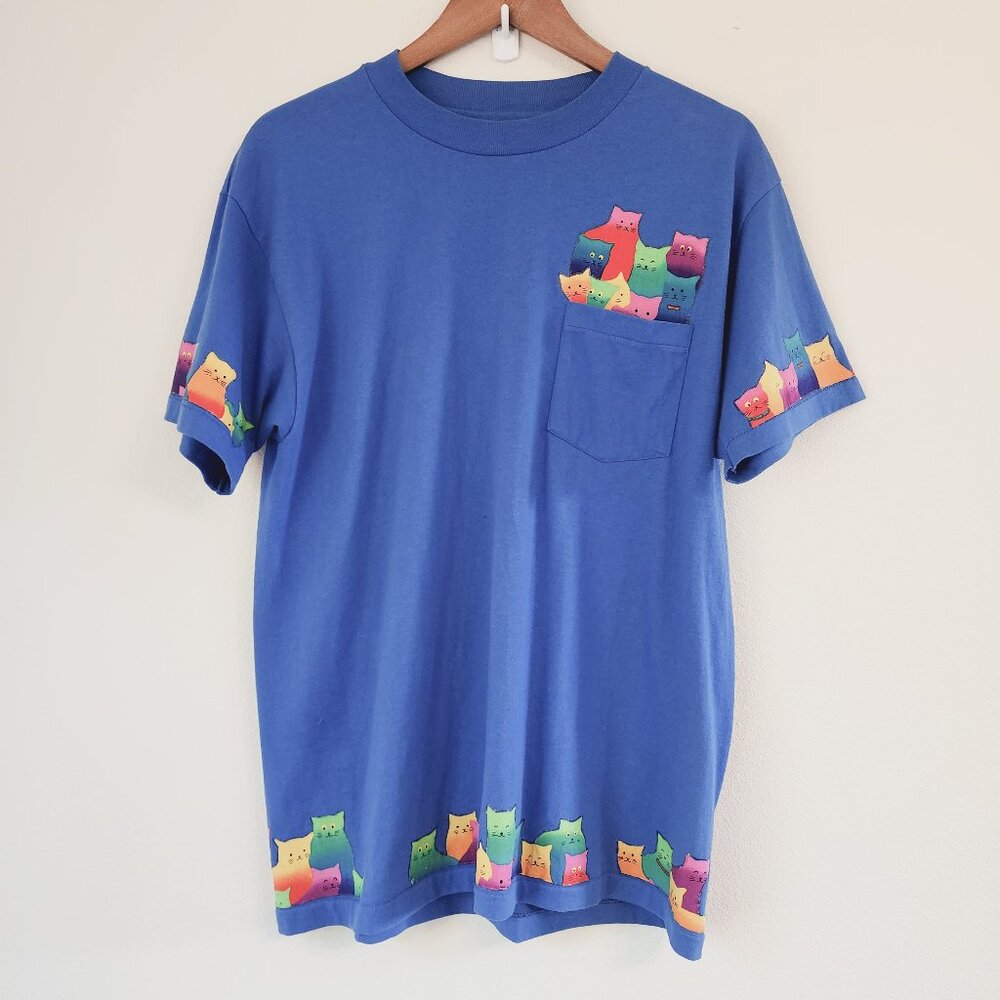 Vtg Hanes Heavyweight 50/50 Blue Cats Grahic Single Stiches L Pocket USA Made